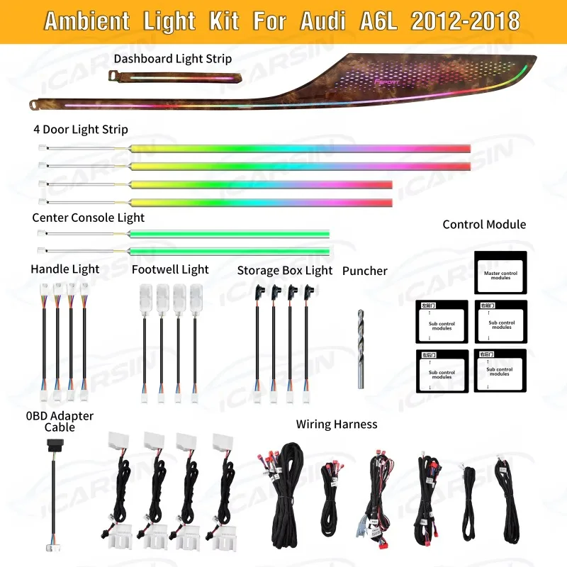

Аксессуары для внутреннего атмосферного светодиодного освещения, подходящие для 2012-2018 Audi A6 C7 A7 64-цветное динамическое деревянное украшение приборной панели