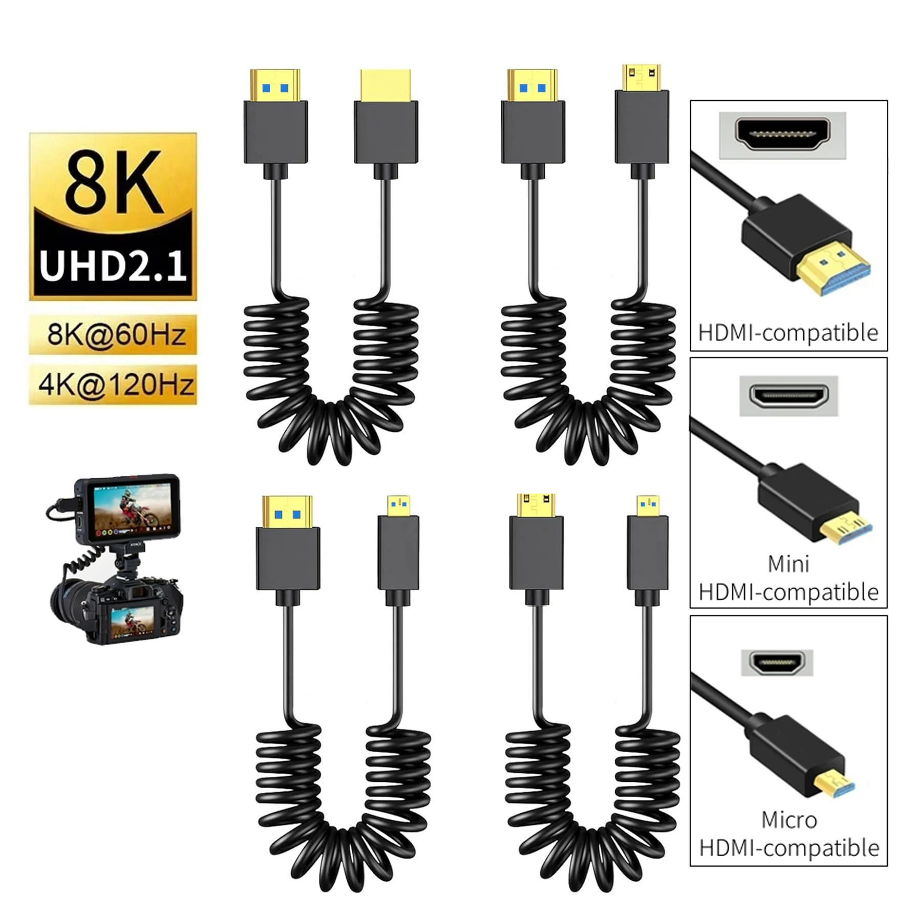 8K Mini/Micro High-Definition Video Cable Spring Coiled Portable UHD2.1 8K@60Hz 4K@120Hz for Laptop PC Camera DSLR Monitor HDTV