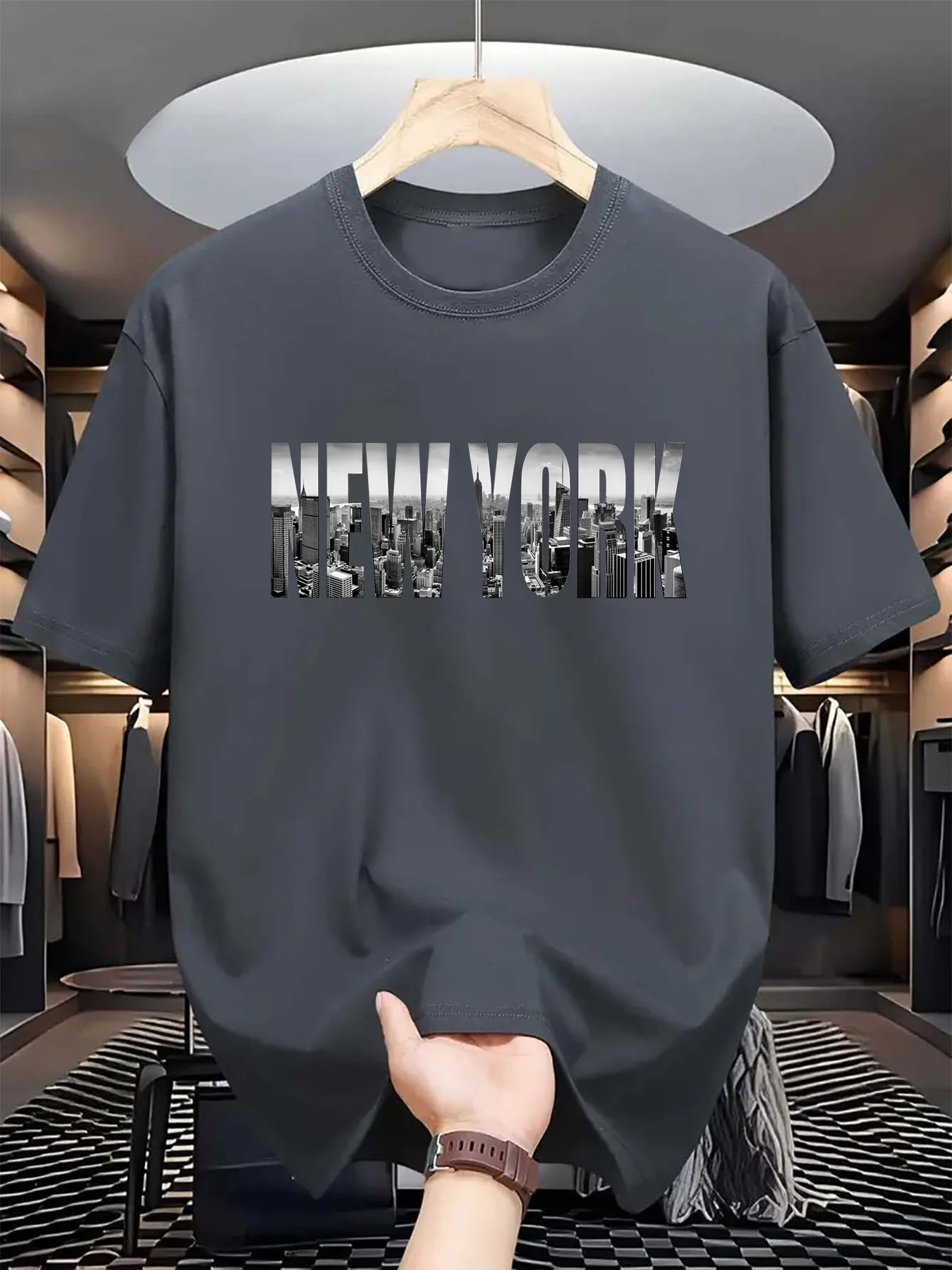 Summer men's 100% pure cotton casual loose plus size New York City printed sports comfortable round neck short sleeved T-shirt image 4