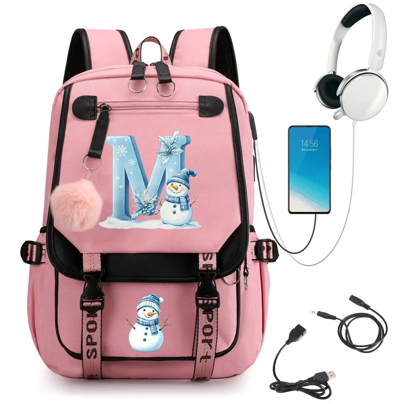 Xmas Snowman Alphabet A-Z Print Backpack for Student Schoolbag Fashion Christmas Holiday Travel USB Charging Laptop School Bag