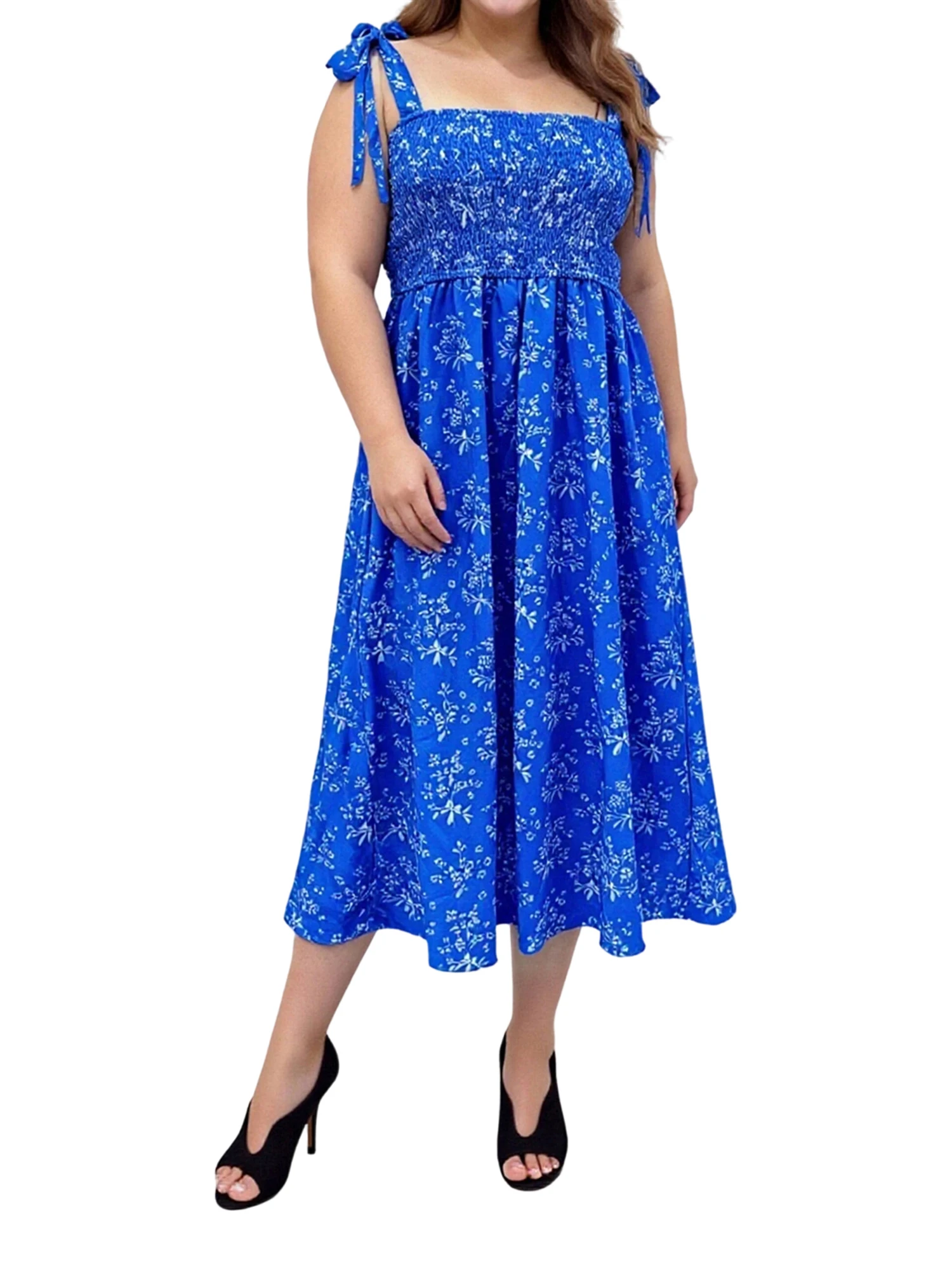 فستان نسائي مقاس كبير مزين بالورود صيفي عصري بدون أكمام وحاشية مكشكشة فستان طويل