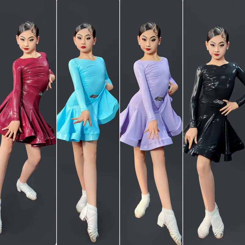 

Fashion Latin Dance Dresses Girls Long Sleeved Leather Latin Dance Performance Dress Kids Ballroom Dance Costumes DWY9750