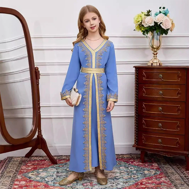  ชุดเดรสเด็กผู้หญิงมุสลิมแบบอาบายะห์ ชุดคลุมแบบอิสลามสไตล์ดูไบ แขนยาว คอวี ชุดละหมาดแบบอาหรับ ชุดคาฟตันพร้อมเข็มขัด ชุดสำหรับงานปาร์ตี้ เสื้อผ้ามุสลิม