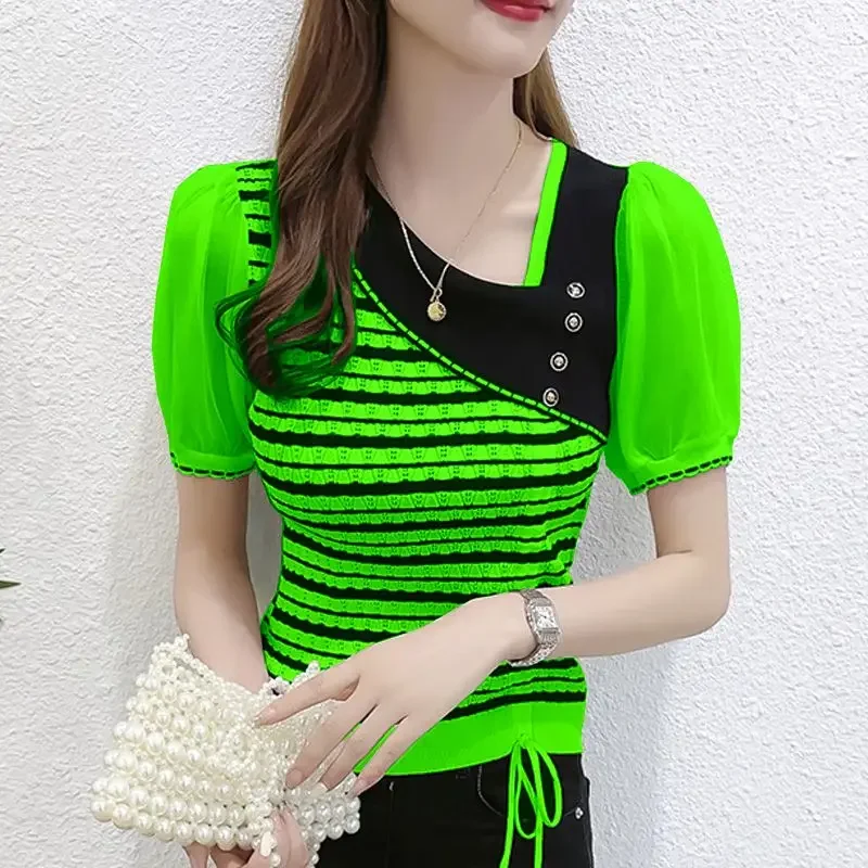 

Elegant Spliced Lace Up Striped Puff Sleeve Blouses Women Clothing 2024 Summer New Korean Tops Office Lady Shirts V889