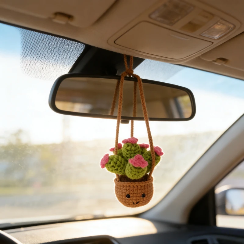 NEW Crochet Cactus Fleshy Smiley Face Car Rear View Mirror Decorative Accessories Cute Potted Plant Succulent Hanging Pendant