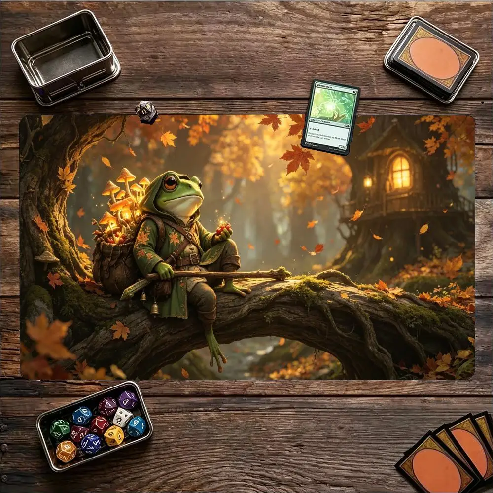 TCG Tabletop Playmat Enchanted Forest Frog Traveler Art Print Large Non Slip Rubber Pad Smooth Cloth For Trading Card Table Play