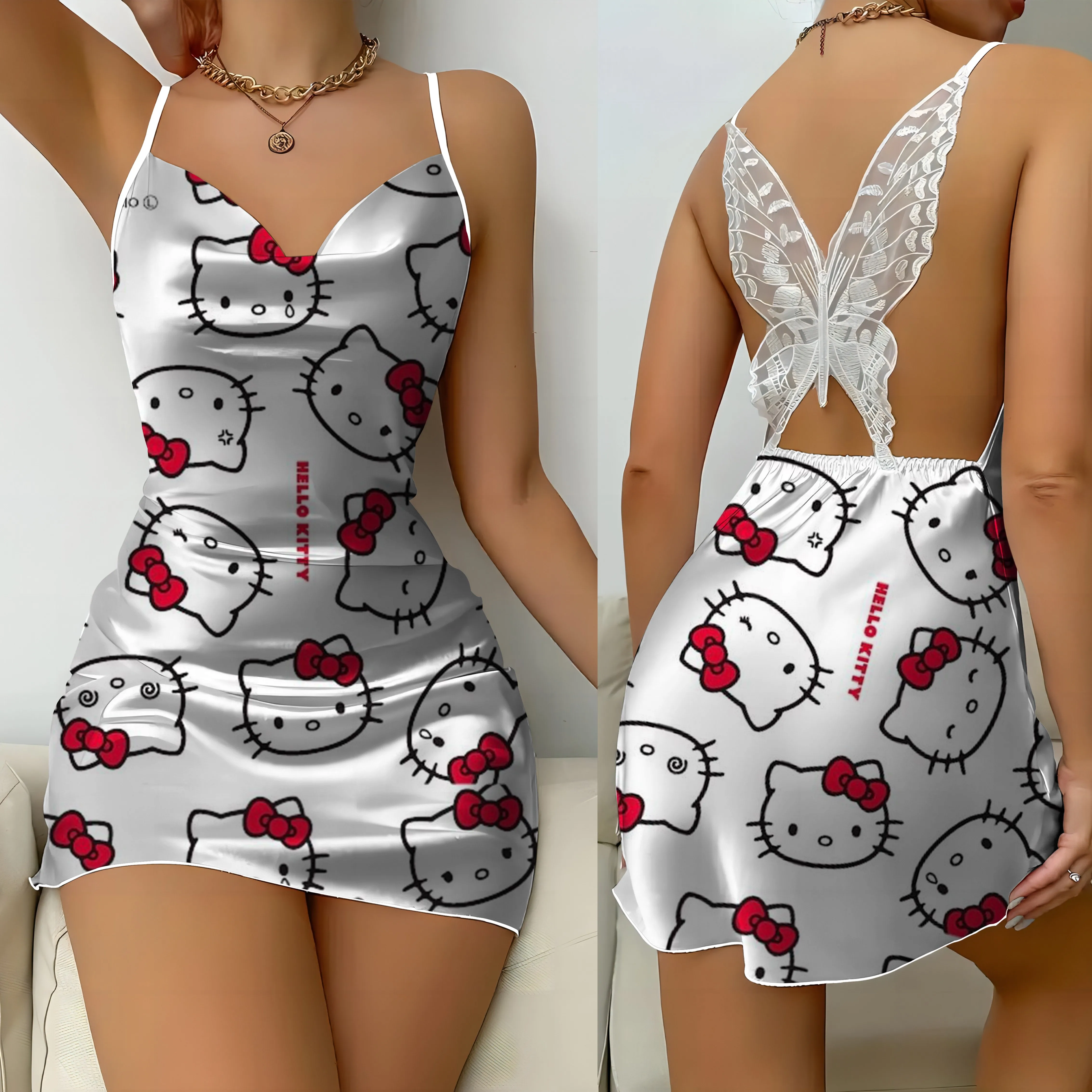 Slip Dress Pajama Skirt Short Dresses Bow Knot Hello Kitty Off Shoulder Satin Surface Womens Fashion Summer 2024 Party Mini Sexy