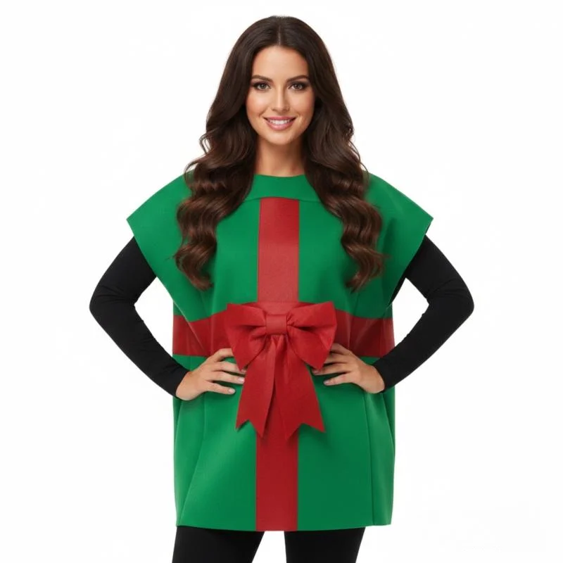 Adult Christmas Gift Box Cosplay Costume Green Present Outfit With Red Bow For Halloween Xmas Holiday Party Fancy Dress Up Props