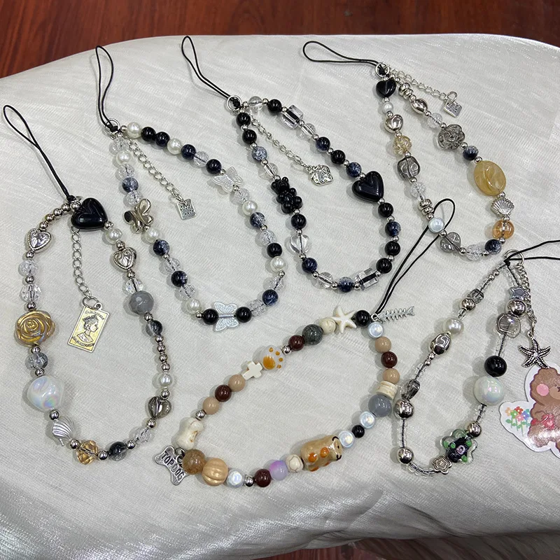 

Black Heart Pearl Beaded Phone Chain For Girl Woman Handmade Mobile Phone CCD Camera Lanyard Strap Hanging Cord Jewelry Gift