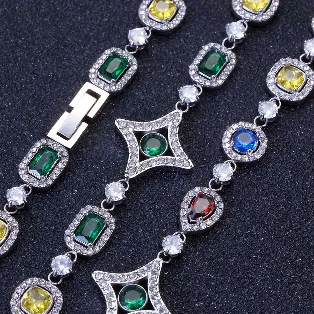 Hip Hop Style New Colored Gemstone Necklace Stainless Steel Zircon Geometric Pattern Necklace Suitable For Men Women