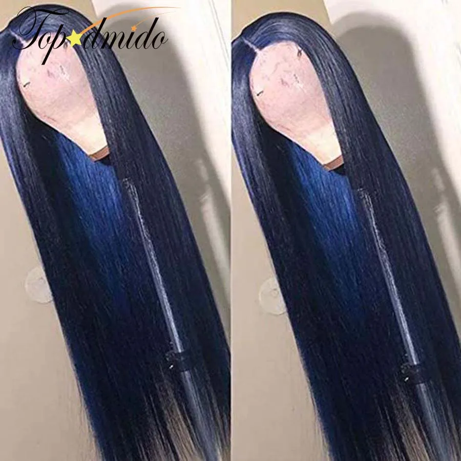 Topodmido Dark Blue Color 13x4 Brazilian Hair Wig with Baby Hair Remy Human Hair Transparent Lace Front Wig for Woman Glueless