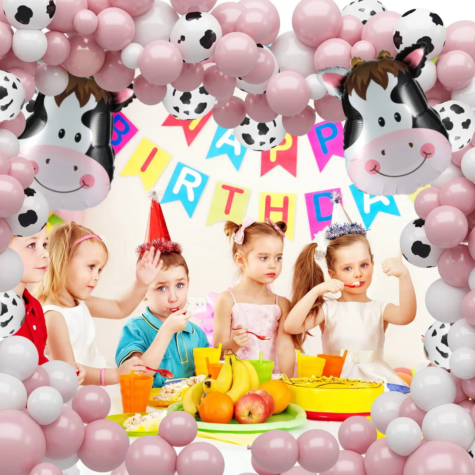 126 Pcs White Pink Bull Head Aluminum Die Balloon Garland Arch Kit for Farm Birthday Party Cow Farmland Theme Party Decorations