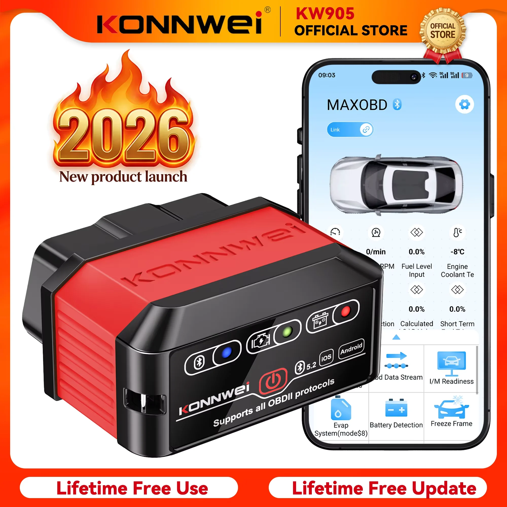 KONNWEI KW905 Professional Car ELM327 OBD2 Scanner Red Bluetooth 5.0 for Android/IOS Car Code Reader Car Scanner Diagnostic Tool