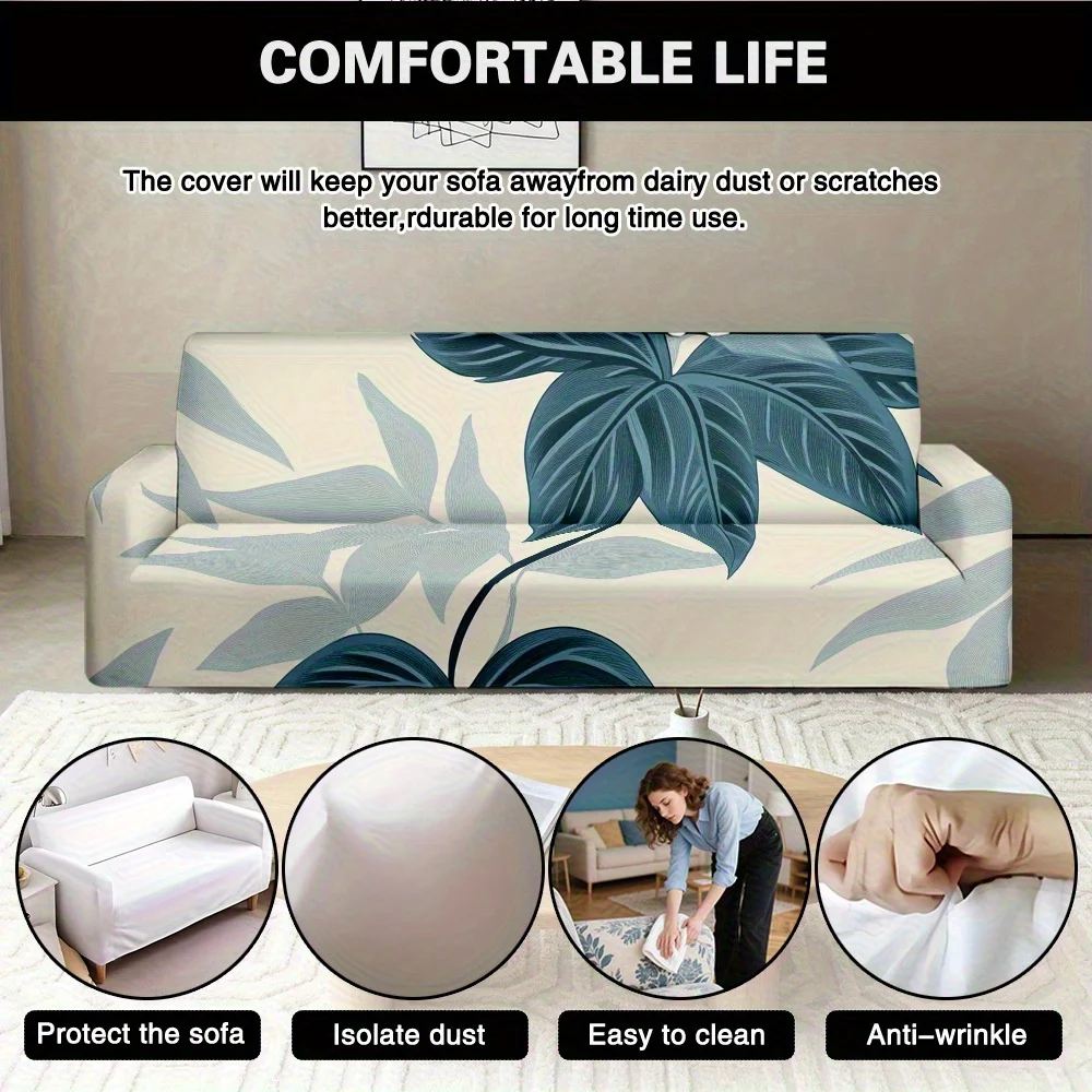 1pc Elastic Sofa Cover, Teal Palm Leaf Watercolor Couch Cover for Home Decor, Removable Washable Furniture Protector