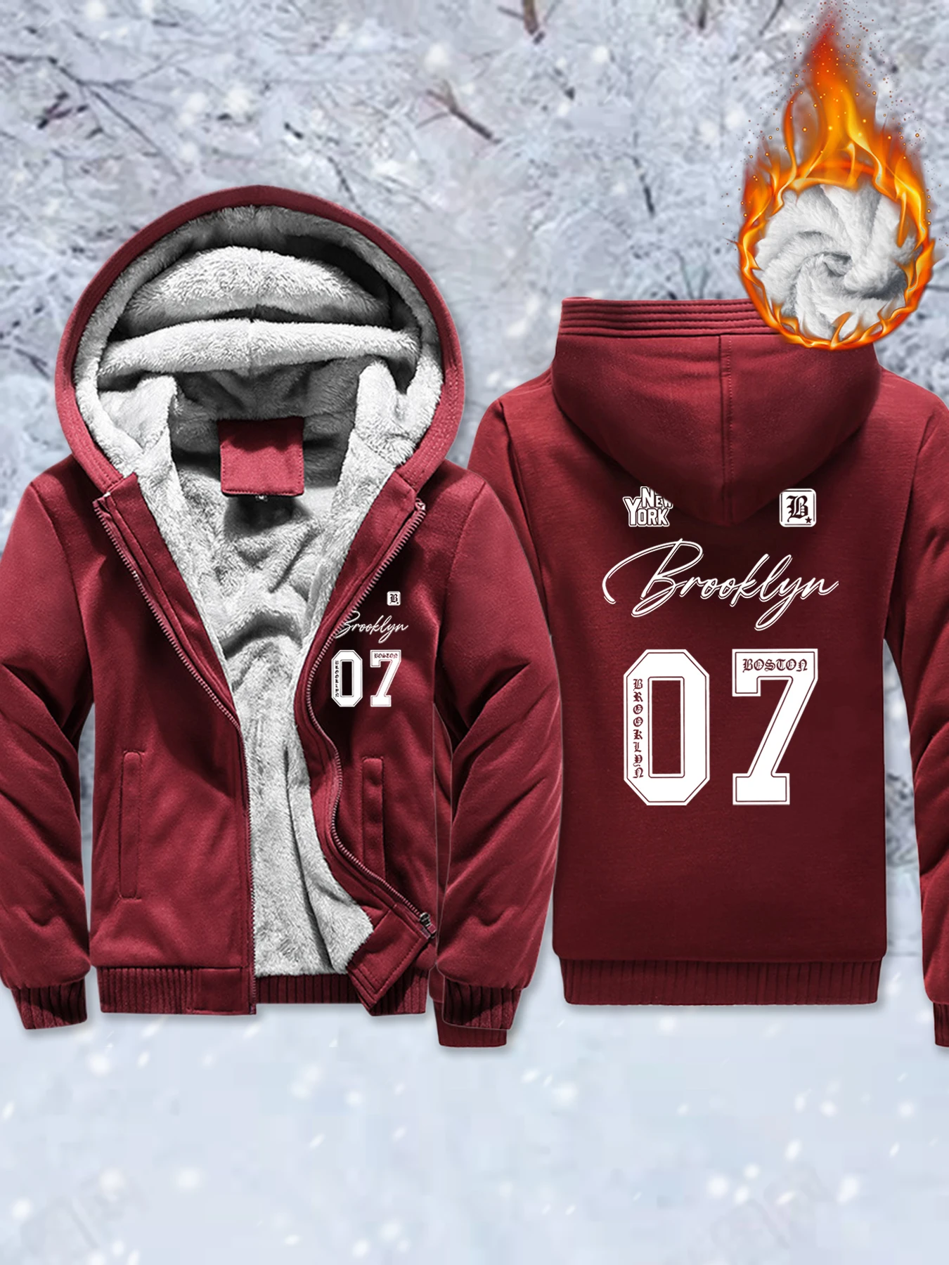 

Brooklyn New York Boston Creative Prints Mens Fleece Pocket Jackets Thicken Comfy Hoodie Zip-Up Winter Outwear Warm Basics Coat