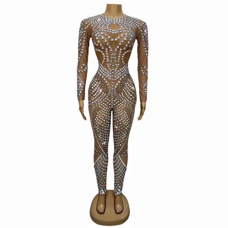 

Silver Crystals Sexy Nude Stretch Rompers_eggings One-piece Costume Jumpsuit OutfitPattern Bodysuit Birthday Wear zhizhu C027
