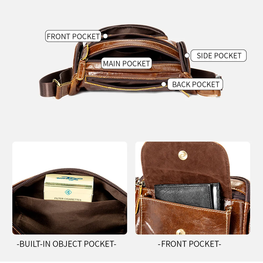 genuine leather Travel Waist Pack Fanny Pack men Leather Belt Waist bags phone pack small chest messenger for man 8355