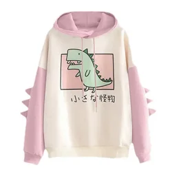 Moletom bonito de dinossauro feminino, moletom de manga comprida, estampa casual, estilo coreano, tampos de emenda, roupa kawaii, moda