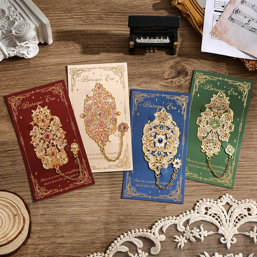 1 Pack Vintage Baroque Metal Bookmarks Large Hollow-Out Gemstone Design with Ornate Chain Tassels, Elegant Reading Accessories