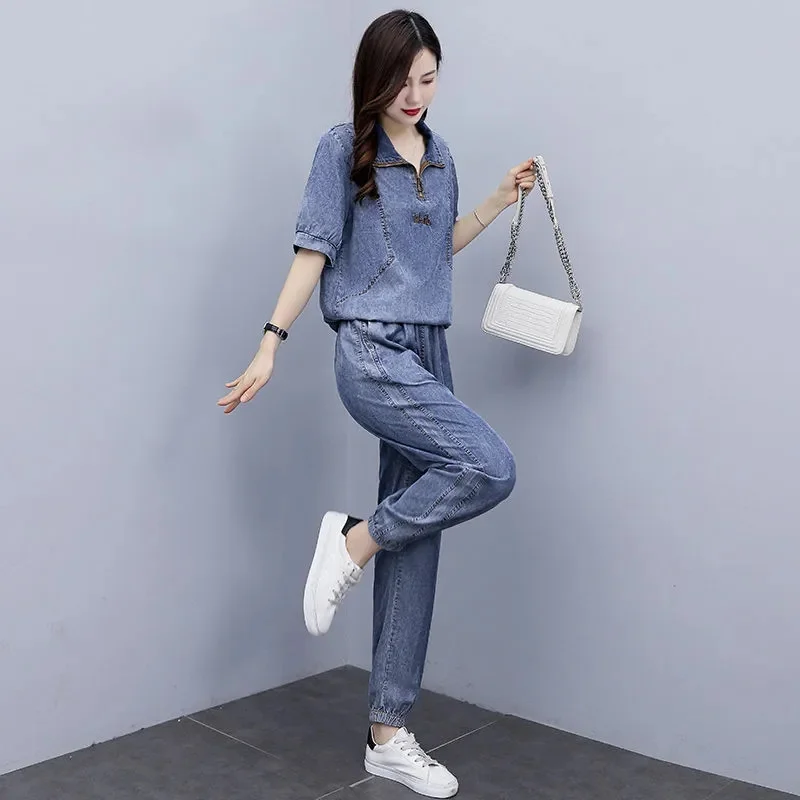 Denim Suit Women 2024 New Summer Cowboy 2 Piece Set Korean Fashion office Denim Outfit Female Casual Ladies Jeans Two-Piece