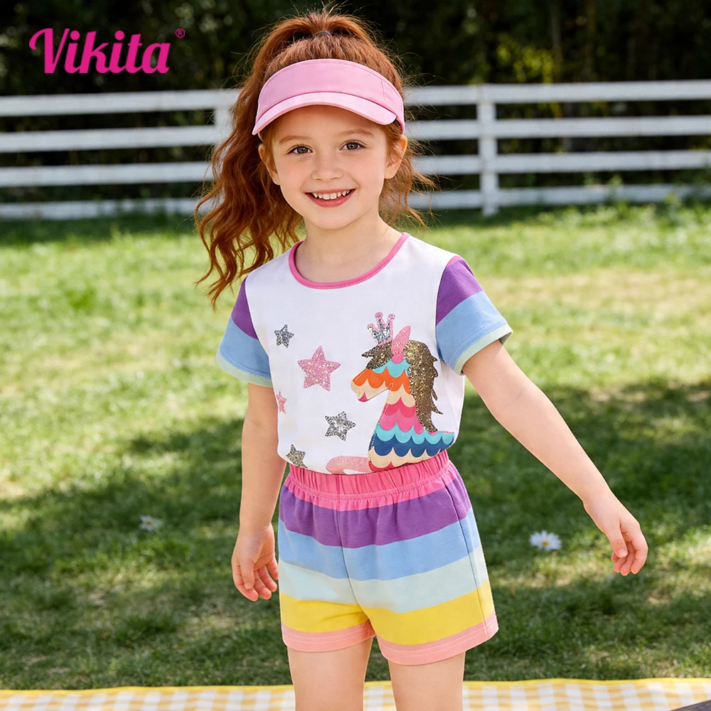 2-teiliges Outfit-Set für Kleinkinder mit Einhorn-Stern-Pailletten-Applikationen, lässige, weiche Baumwoll-Tops und gestreifte Hosen für Kinder
