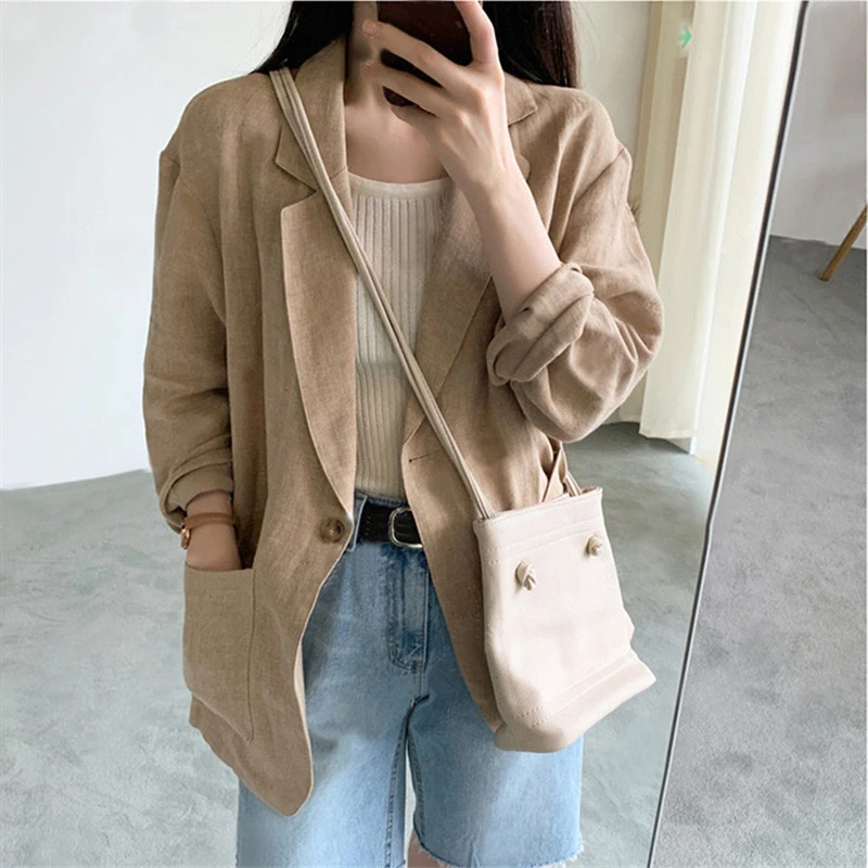 Cotton Linen Blazer Jacket Suit Women 2023 Spring Summer New British Style Casual Blazer Long Sleeve Solid Color Fashion Coat