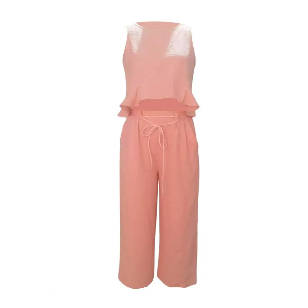 Women Outfit Versatile Women Suit Set 2 Piece Women’s Summer Set Ruffle Tank Top Wide Leg Pants Vacation Lounge Outfit