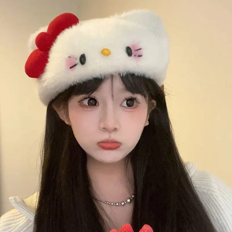 Hello Kitty Kawaii Plush Hat Spring and Autumn Cute Girls Y2K Beret Fashion Item Comfortable High-Quality Hat Holiday Gift