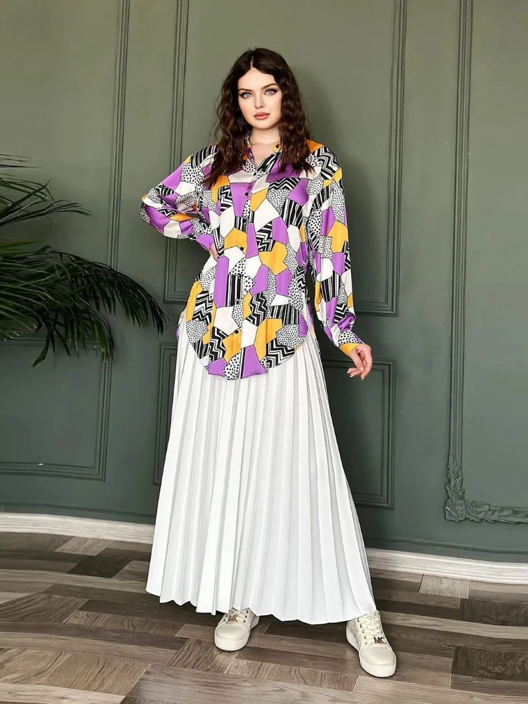 Women Eid Muslim Sets Musulman Ensemble Two Pieces Flowers Single Breasted Button Blouses Pleated Skirts Arab Morocco Casual