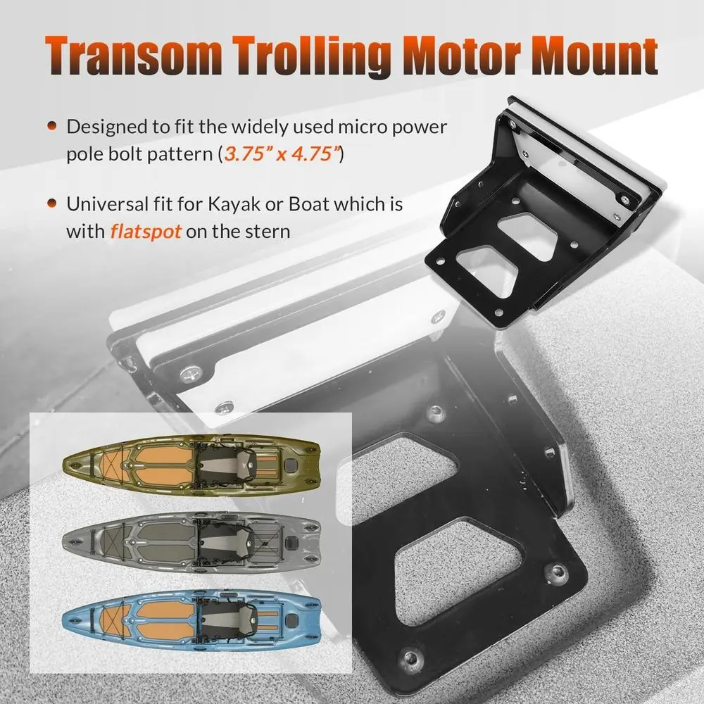 Heavy-Duty 6mm Transom Trolling Motor Bracket, 3HP Max, 3.75 x 4.75 Bolt Pattern, Suitable for Freshwater & Saltwater Boats (Bla