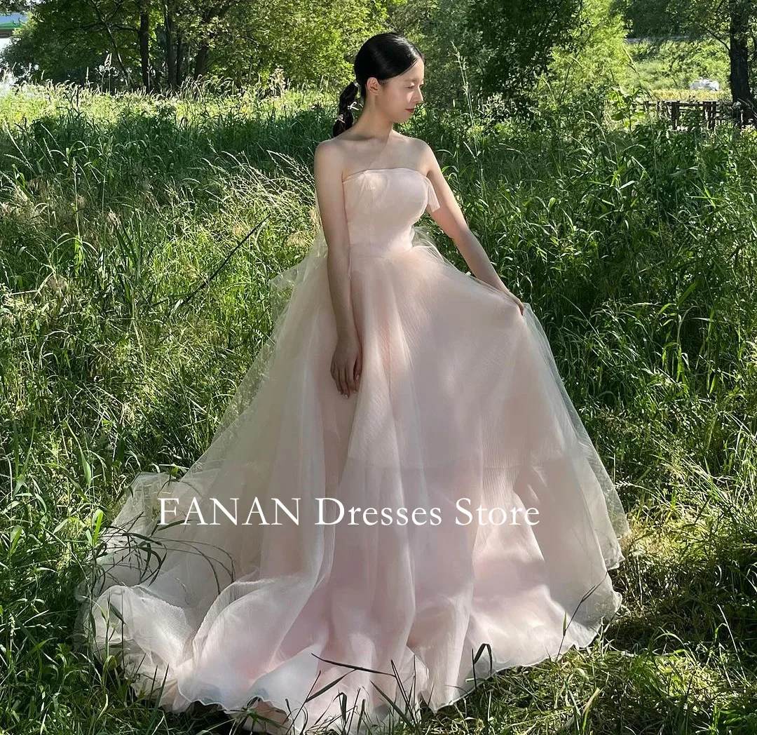 

FANAN Strapless Evening Party Dresses Tulle Corset Korea Pink Sleeveless Bowith Wedding Women Formal Gowns Event Prom Gowns