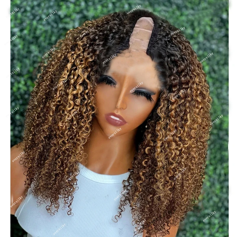 

Highlight Honey Golden Blonde Afro Kinky Curly V Part Wig 100% Human Hair Water Wave Ombre Chestnut Brown U Shape Full Wigs 250%