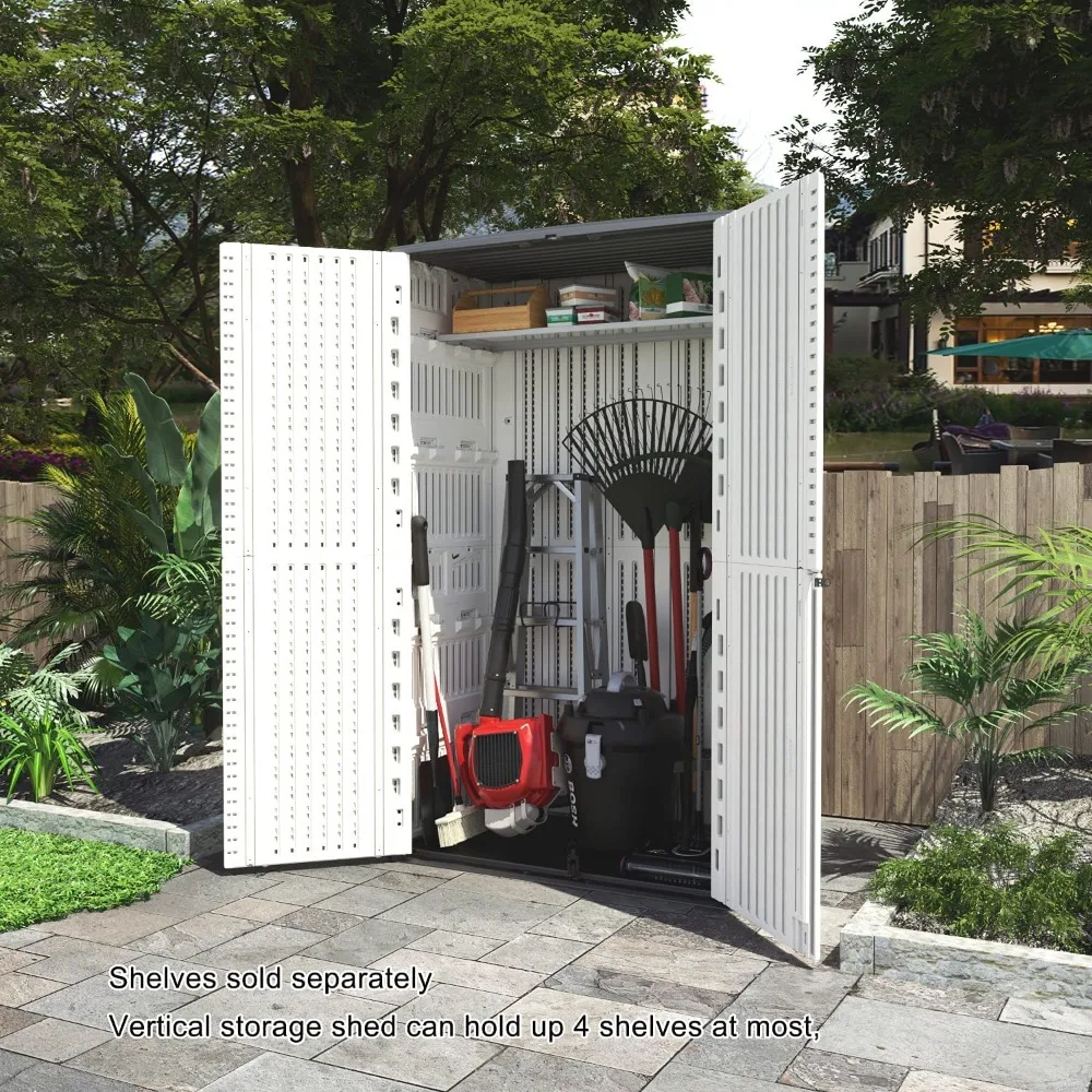 

Outdoor Storage Shed Waterproof, Resin Vertical Storage Cabinet Double-Layered, Versatile To Store Patio Furniture, Customized