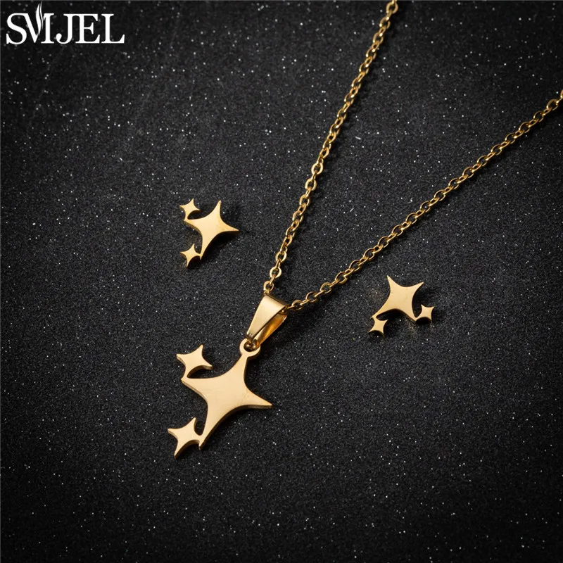 Fashion Tiny Star Simple Necklaces for Women Stainless Steel Jewelry Set Pentagram Pendant Girls Birthday Earrings Gift