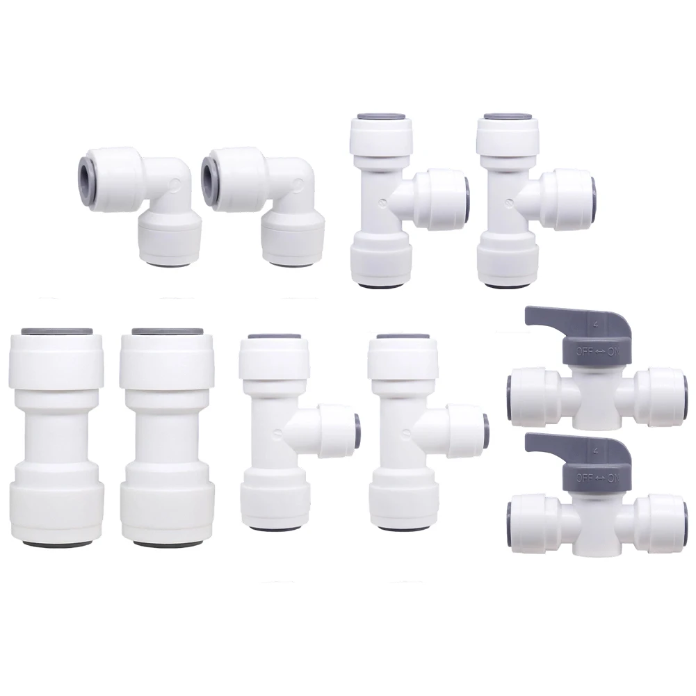 3/8 Inch ABS Pipe Connector Set 10 Pack Water Inlet Fittings with Shut Off Valve Straight Angle and T Pieces for RO