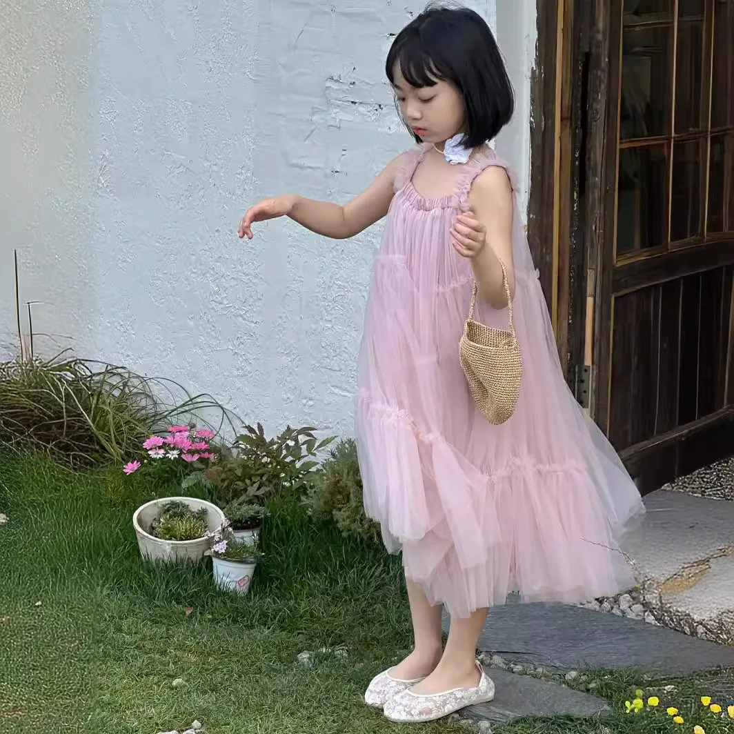 Children Dress 2024 Summer Girl Korean Style Pure Fairy Beauty Princess Gauze Dress Children Halter Dress Birthday Dresses