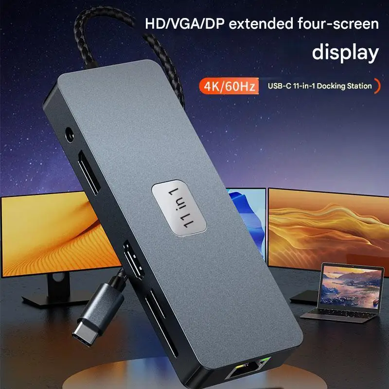 

Док-станция FC&EC 11-в-1, USB-C-концентратор для офиса и путешествий с 4K HD VGA PD 100 Вт Ethernet USB 3,2 Card Reader Audio