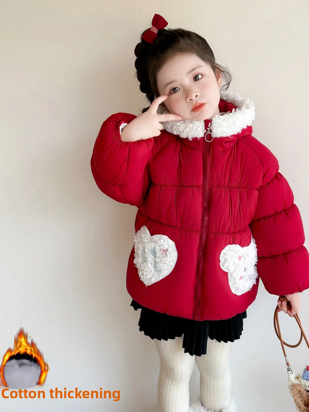 

Thiened Fce Winter Cotton Jaet for Girls Baby New Year Celebration Red Color Children's Padded Coat Faionable Outfit