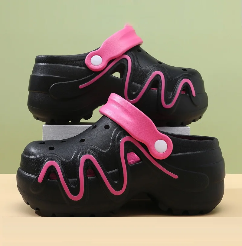 Women's Platform Elevator EVA Clogs Color-Block Line Sandals Breathable Casual Slides Girls Garden Shoes Platform Slippers
