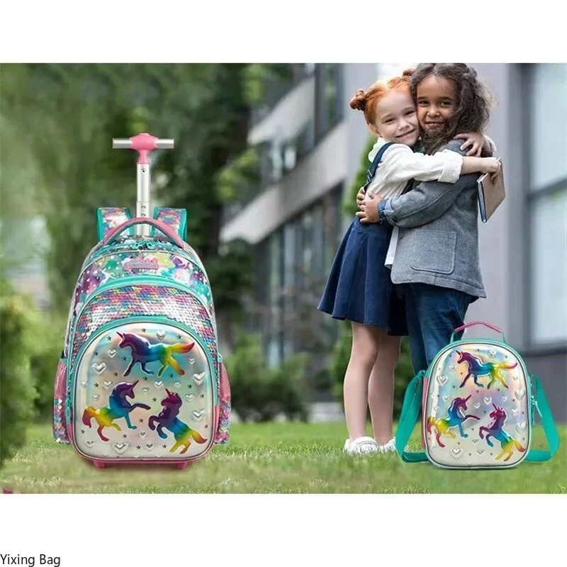 Zaino scolastico per bambine con ruote Set di borse da scuola per ragazze Studenti elementari Zaino con paillettes Borse da viaggio Trolley