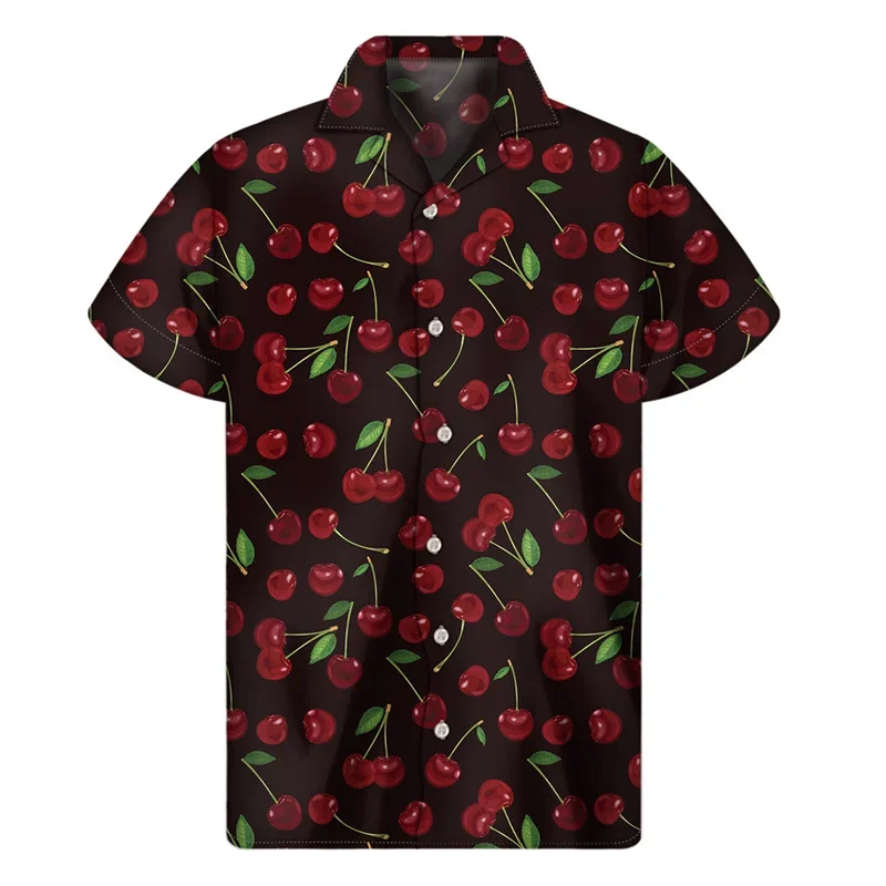 2024 Hawaiian Shirt Cherry Apple Strawberry Pattern Shirt Men's 3D Printed Fruit Summer Button-up Short Sleeve Baggy Lapel Aloha