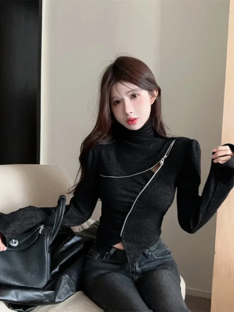 Spicy Girl Fashion High Neck Irregular Zipper Sweater Women Temperament Korean Midriff-baring Solid Elastic Slim Spring Knitwear