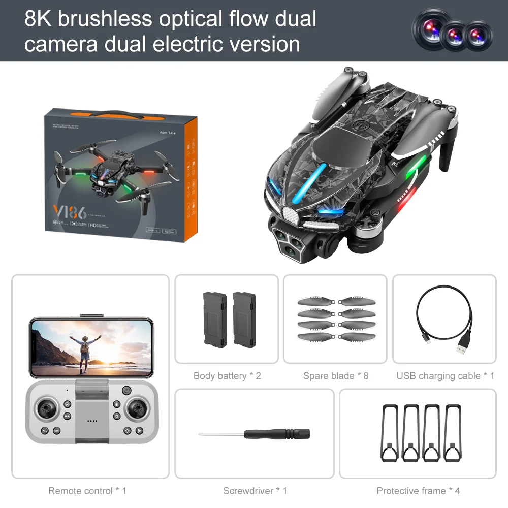 V186 Drone WIFI FPV Brushless Motor Optical flow localization 4K HD Three Camera 360° Laser Obstacle Avoidance RC Quadcopter Toy