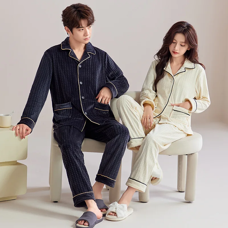 Men's Winter Thickened Warm Flannel Pajamas Set Women Island Velvet Shirt Pants Couple Night Home Wear