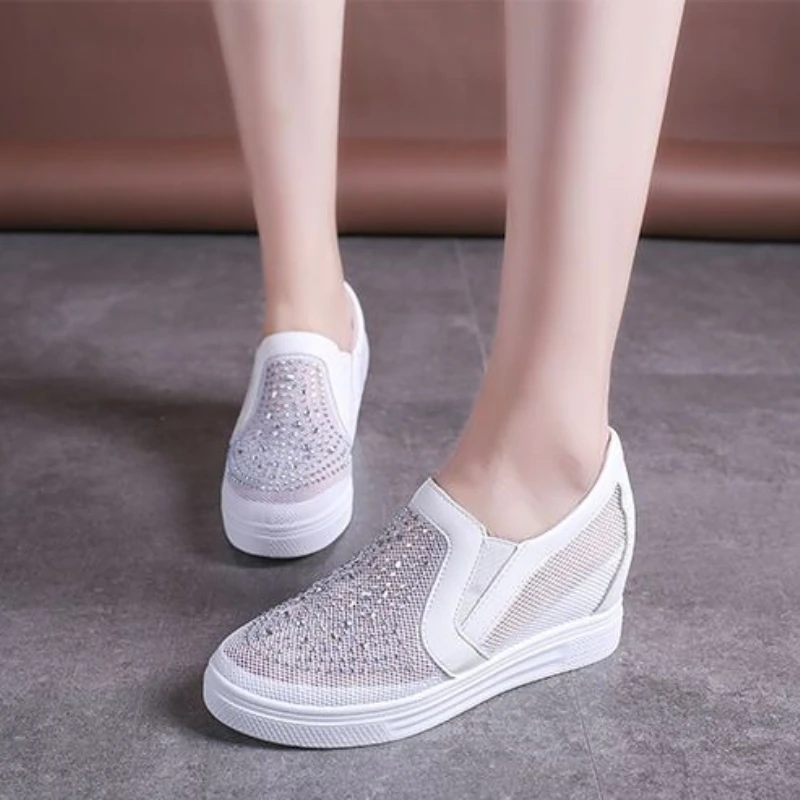 

2026 Mesh Sneakers Women Slip on Breathable White Shoes Height Increasing Hidden Wedge Trendy Casual Footwear