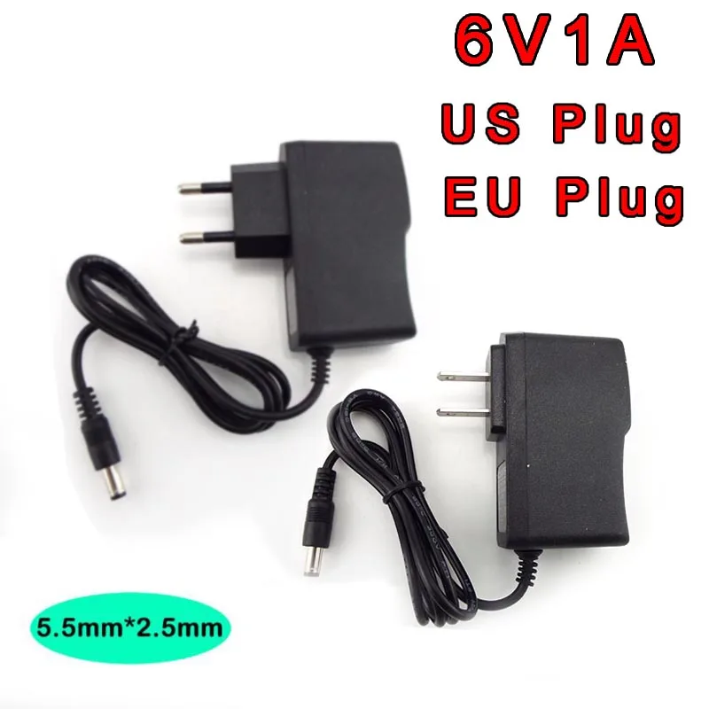 Adaptor Adaptor pengisi daya dinding, 6V 1A AC ke DC 100V-240V catu daya dinding 1000ma Transformer Adaptor pengisian daya steker US EU 5.5mm * 2.5mm