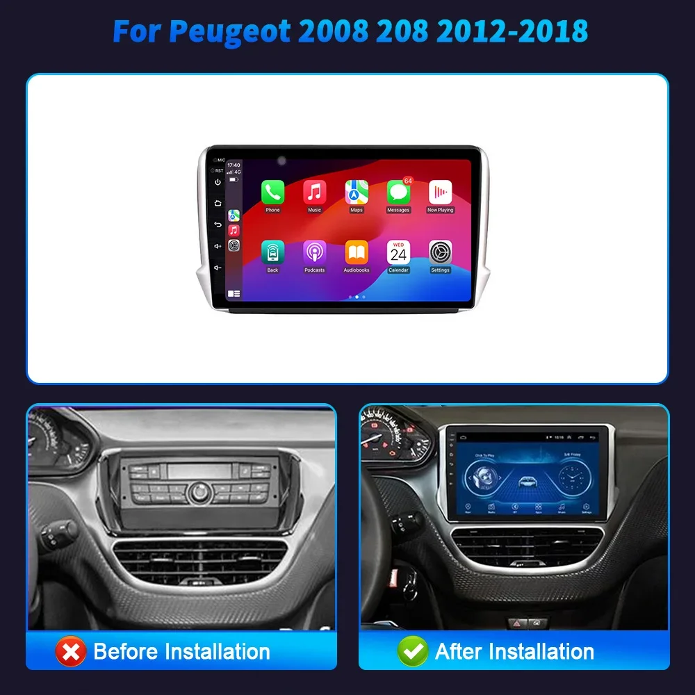 Car Radio Multimedia Navigation Android 14 Stereo Head Unit Screen For Peugeot 2008 208 2012-2018 4G 2CIN WIFI