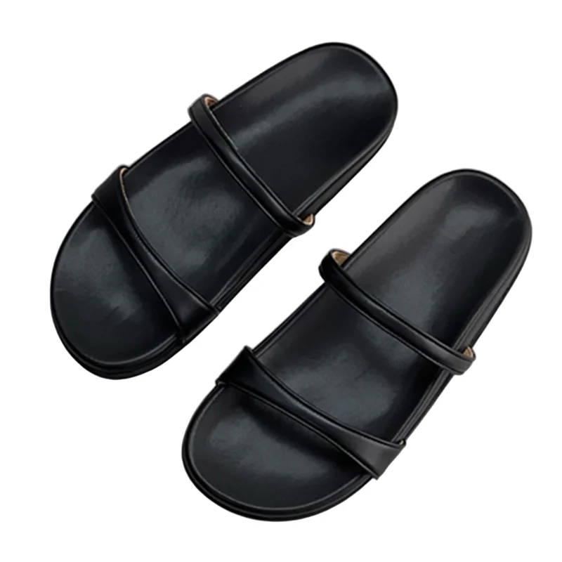Withered French Fashion Genuine Leather Soft And Comfortable Flat Sandals Nordic Minimalist Solid Color Casual Slippers Women