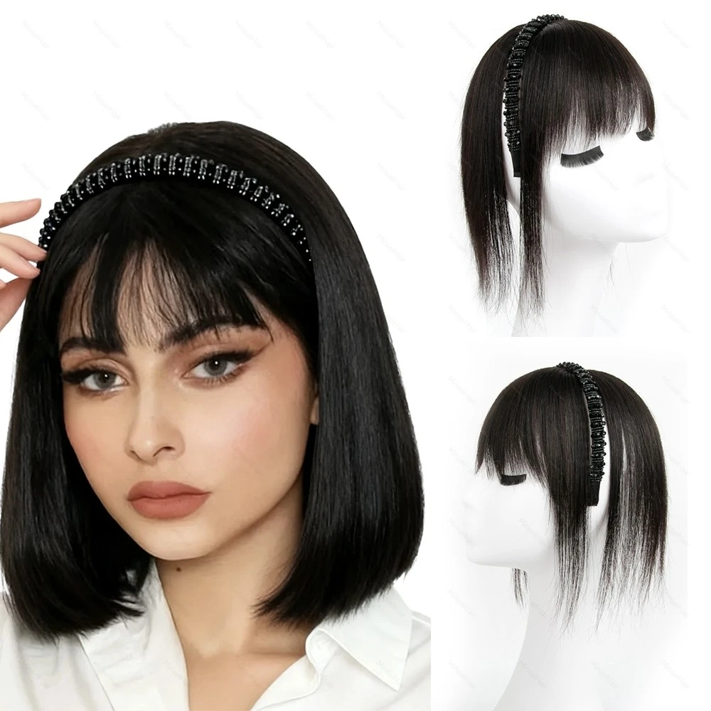 インスタント人毛ヘッドバンド前髪ウィッグ一体型本物の髪の毛トップカバー額と後頭部の白髪をカバー黒茶色