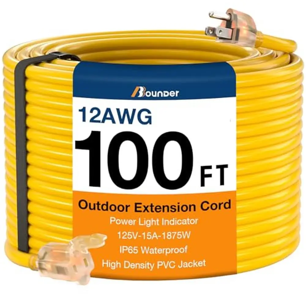 100FT Heavy Duty Waterproof 12/3 SJTW Outdoor Extension Cord 15A 1875W Flexible Copper 3 Prong Commercial Use Lawn Mower